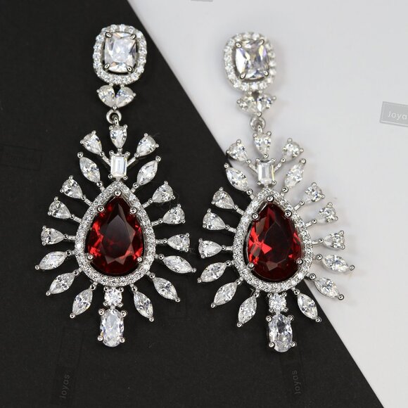 Imperial Blossom .925 Sterling Silver Earrings with Ruby-Tone CZ. - Picture 1 of 8